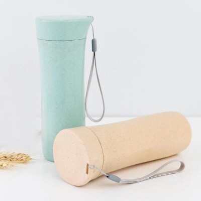 12 0z  portable natural plastic cup wheat straw shaker water bottle with lid rope